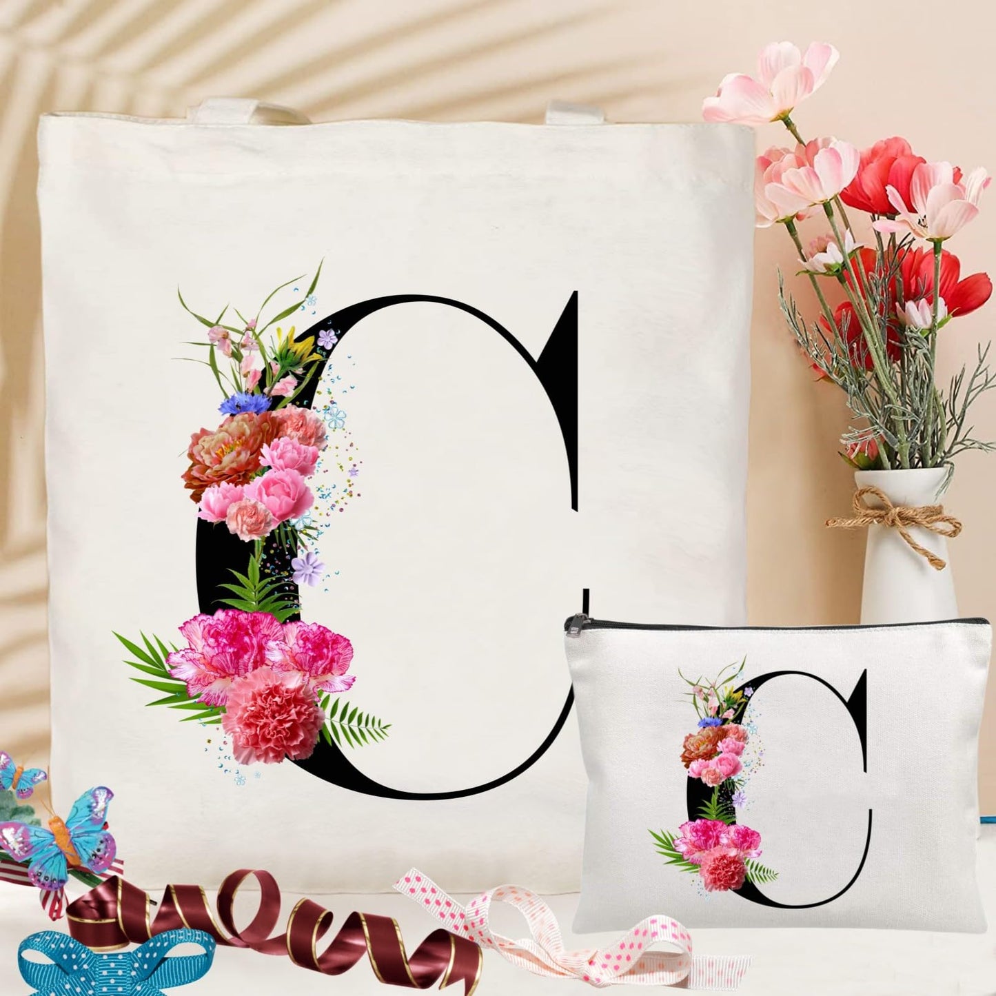 Andeiltech Initial Canvas Tote Bag Floral Letter Personalized Makeup Bag Monogrammed Gift for Bridesmaids Birthday Wedding