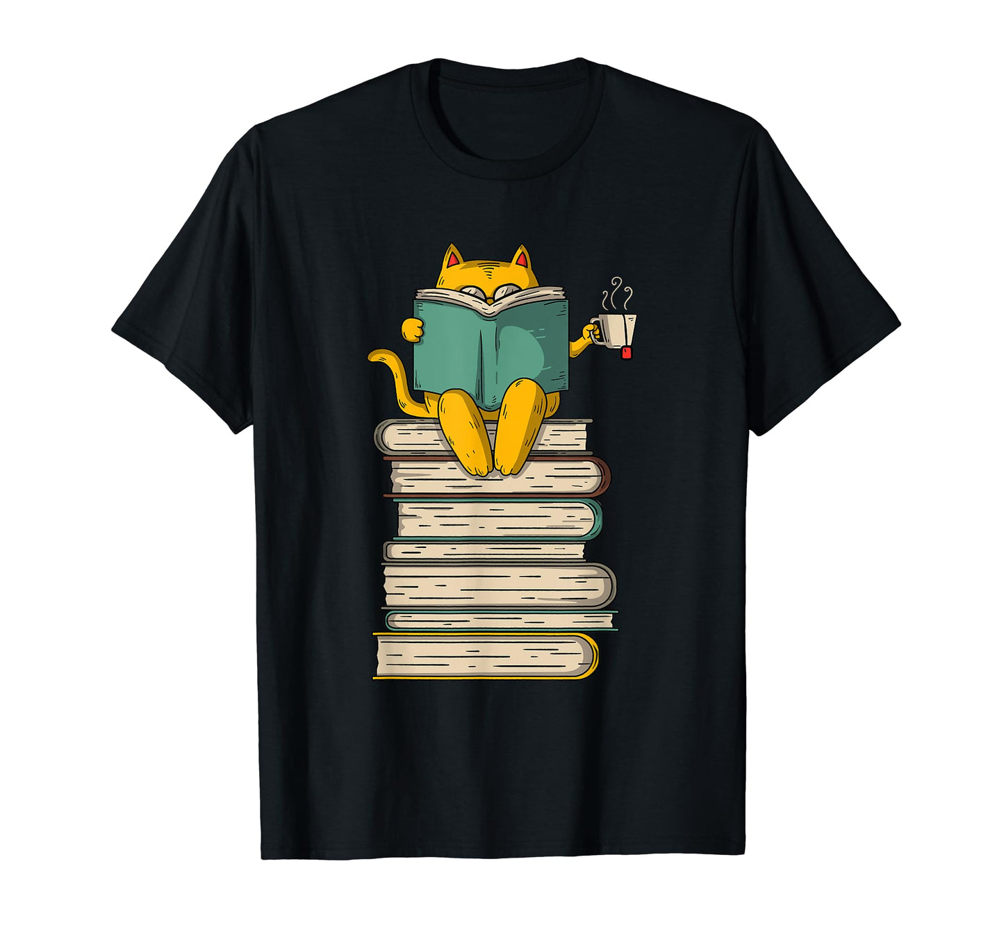 Reading Cat - Funny Book & Tea Lover Gift Short Sleeve T-Shirt