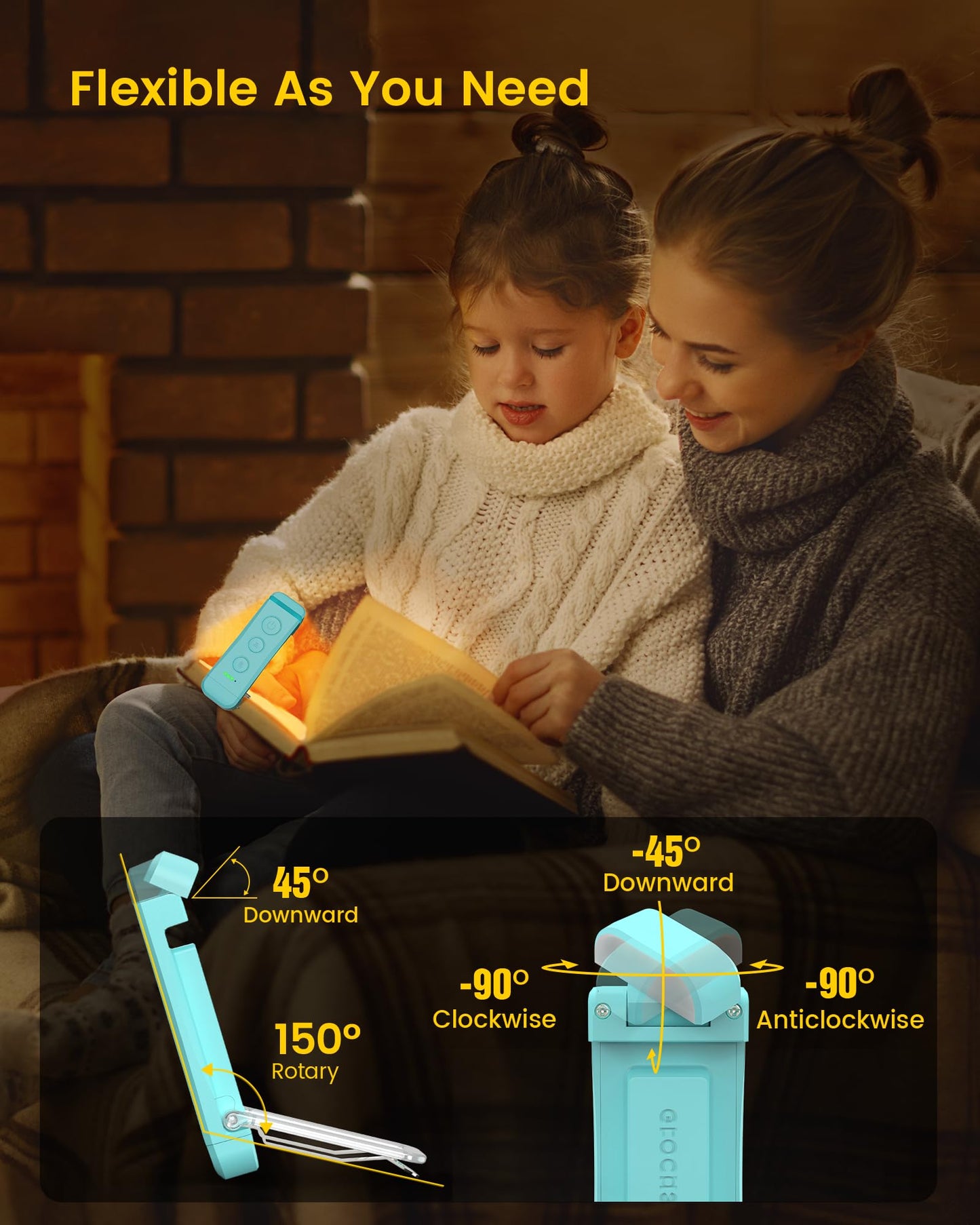 Glocusent USB Rechargeable Book Light for Reading in Bed, Portable Clip-on LED Reading Light, 3 Amber Colors & 5 Brightness Dimmable, Compact & Long Lasting, Perfect for Book Lovers, Kids