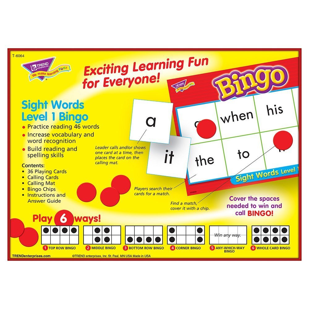 EMPRESAS DE TENDENCIA: Juego de bingo Sight Words nivel 1, forma emocionante para que todos aprendan, juegue de 6 maneras diferentes, ideal para aulas y en casa, de 3 a 36 jugadores, para edades de 5 años en adelante