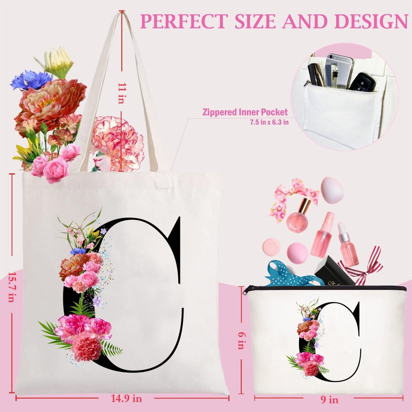 Andeiltech Initial Canvas Tote Bag Floral Letter Personalized Makeup Bag Monogrammed Gift for Bridesmaids Birthday Wedding