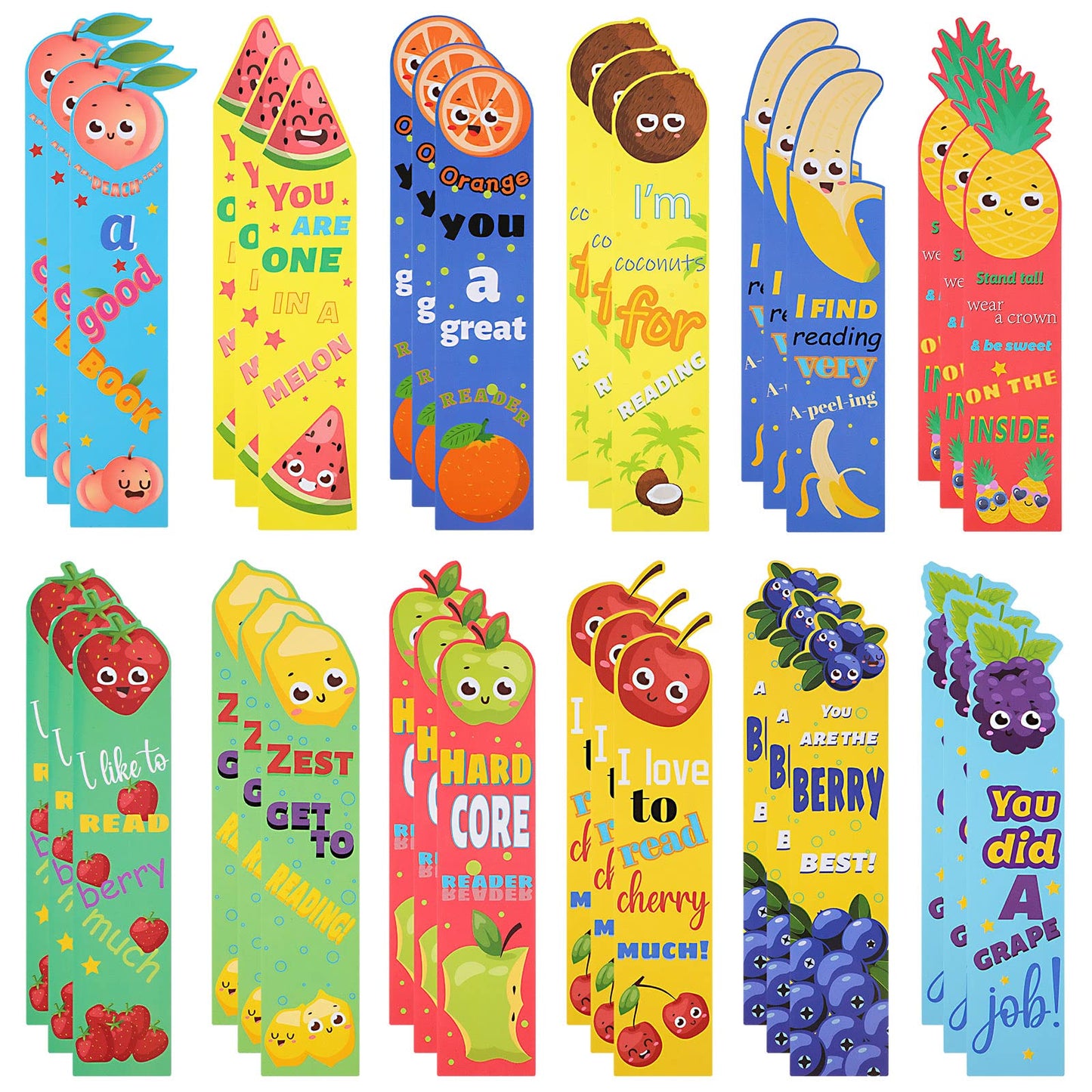 Scented Bookmarks Kids Scratch and Sniff Bookmarks Assorted Fruit Theme Scented Bookmarks Sayings Bookmarks Classroom Bookmarks Cute Bookmarks for Students Teens Food Lovers, 12 Styles(36 Pieces)