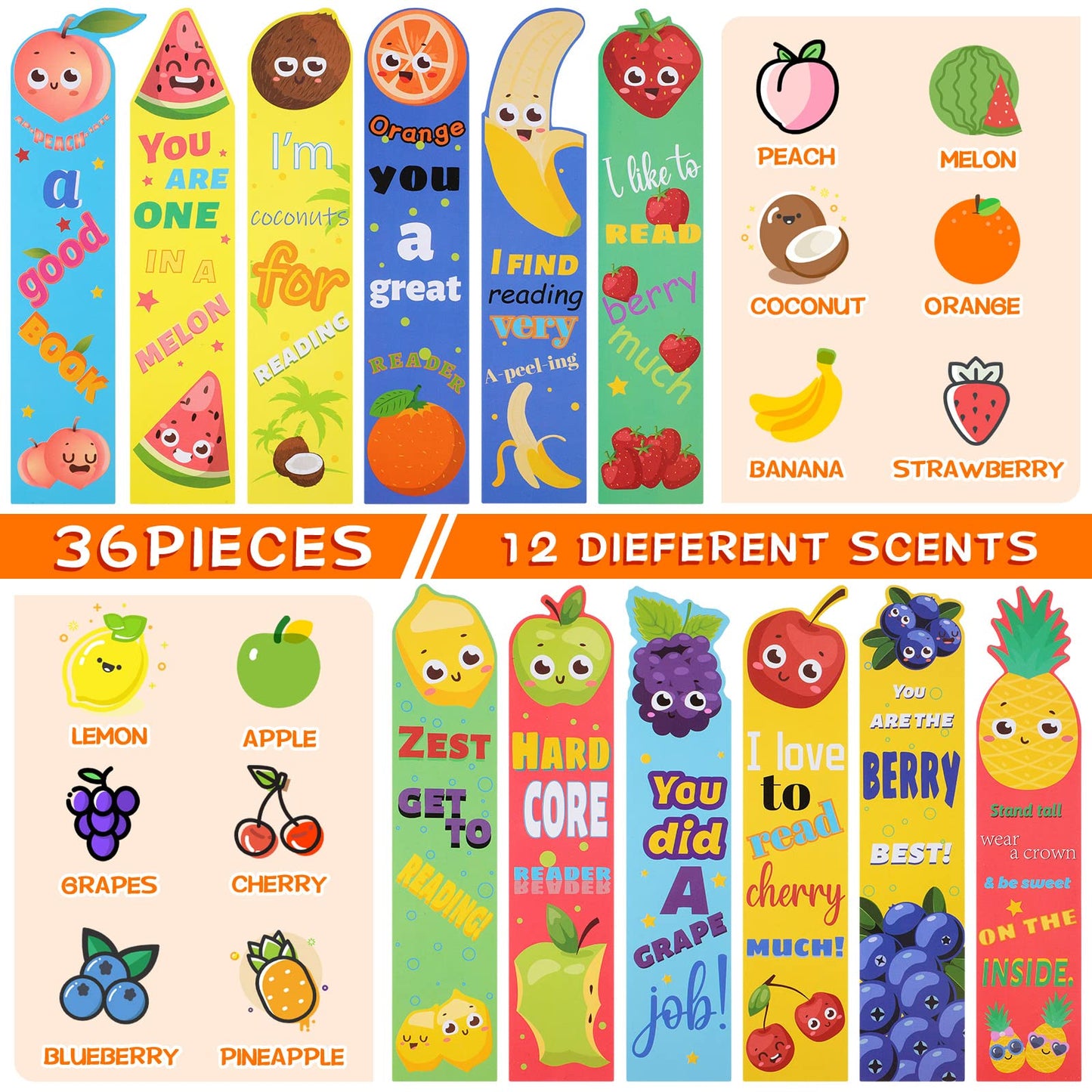 Scented Bookmarks Kids Scratch and Sniff Bookmarks Assorted Fruit Theme Scented Bookmarks Sayings Bookmarks Classroom Bookmarks Cute Bookmarks for Students Teens Food Lovers, 12 Styles(36 Pieces)