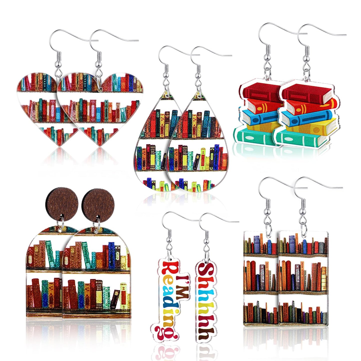 6 Pairs Book Earrings for Women Bookshelf Dangle Earrings Teacher Earrings Heart Library Earrings Funny Acrylic Earrings for Book Lovers Book Stack Teardrop Teacher Appreciation Gifts