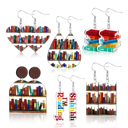 6 Pairs Book Earrings for Women Bookshelf Dangle Earrings Teacher Earrings Heart Library Earrings Funny Acrylic Earrings for Book Lovers Book Stack Teardrop Teacher Appreciation Gifts