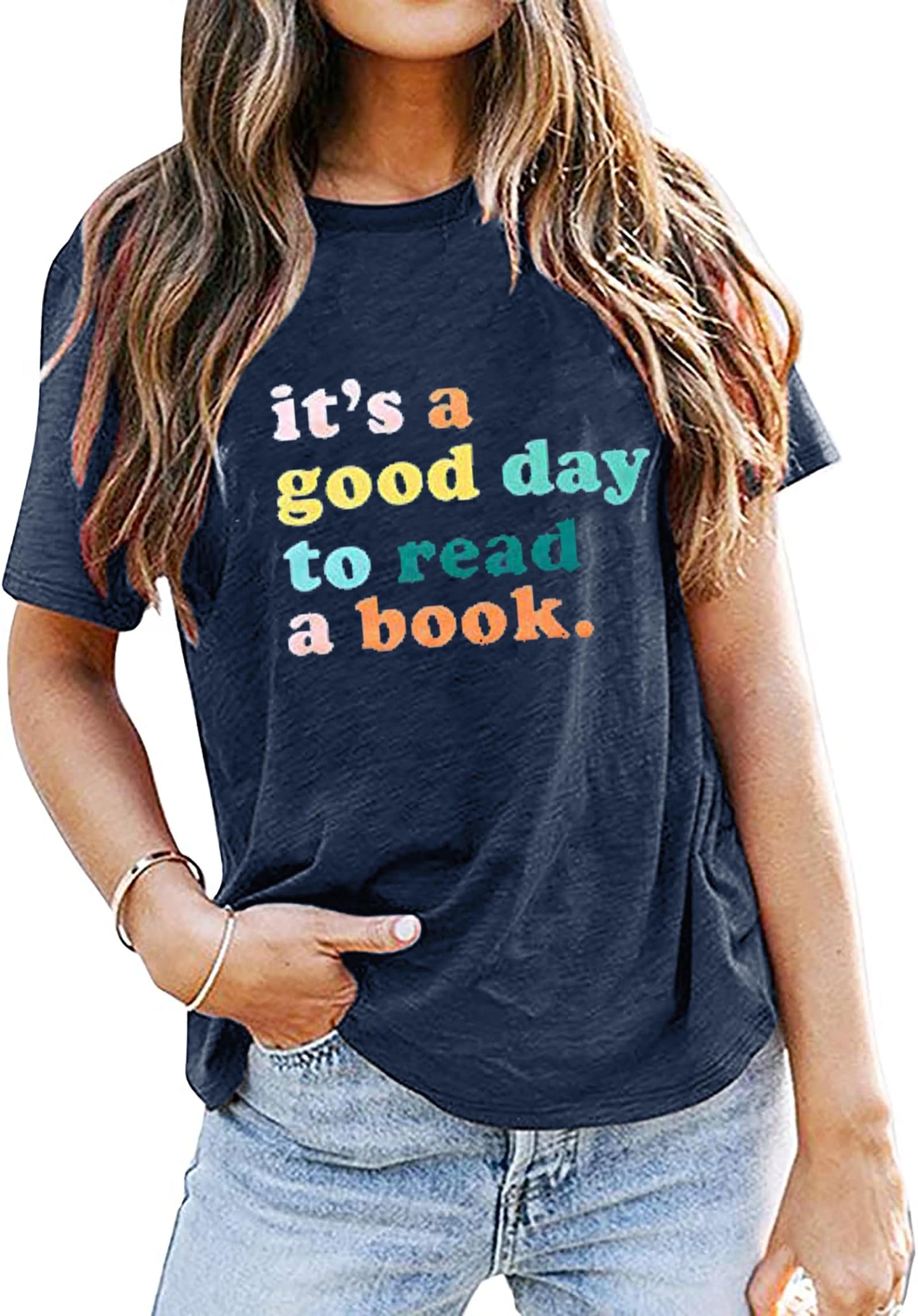 Teacher Shirts Women It's a Good Day to Read a Book Letter Print Graphic Tee Reading Book Shirt Book Lovers Gift Tops Dark Blue