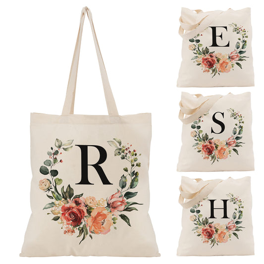 Floral Initial Tote Bag for Women - Personalized Canvas Bag for Bridesmaid Gifts - Monogrammed Aestetic Teacher Totes Bags (Initial #R)