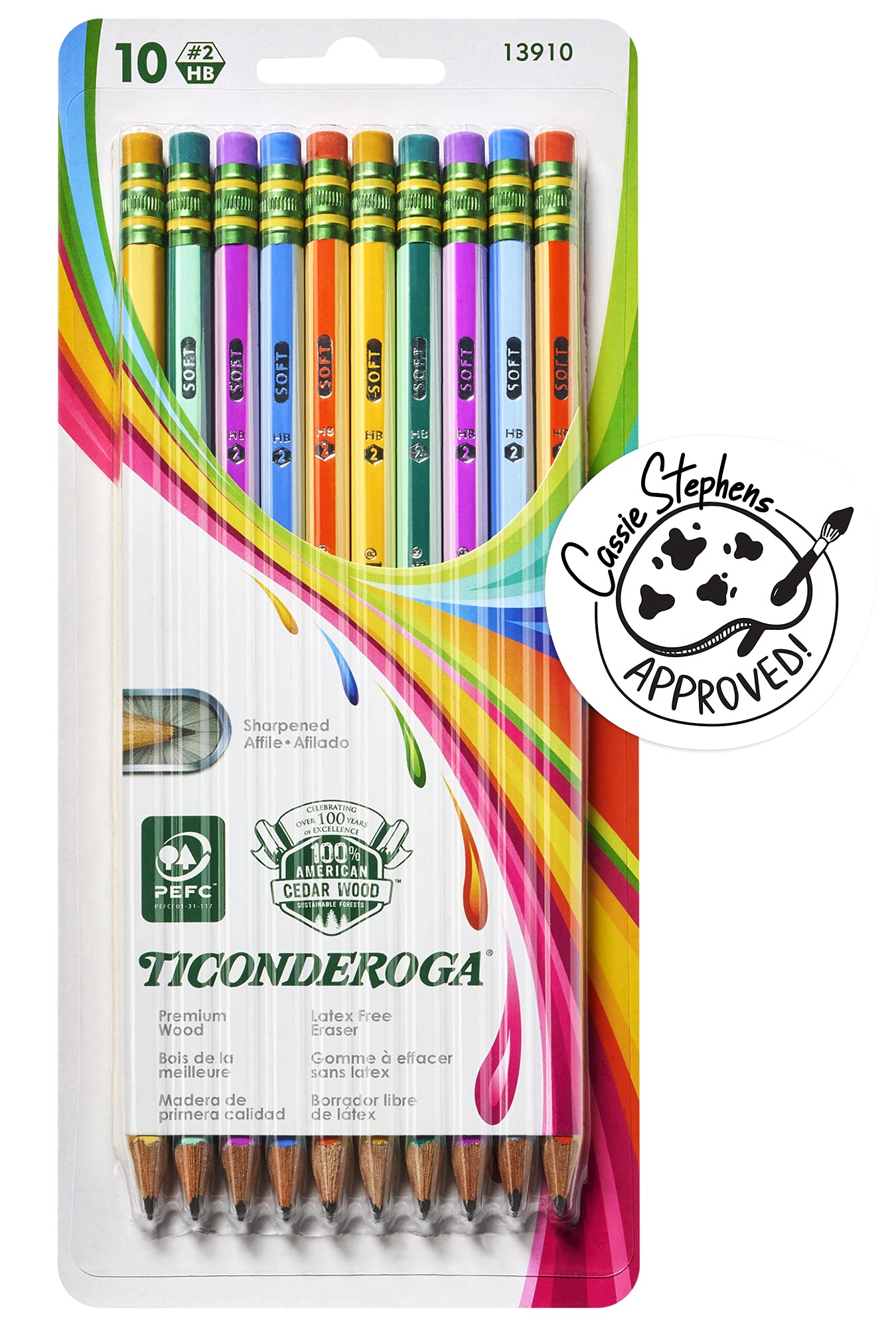 Ticonderoga X13910 Striped Wood-Cased Pencils, 2 HB Soft, Pre-Sharpened, 10 Count, Assorted Colors