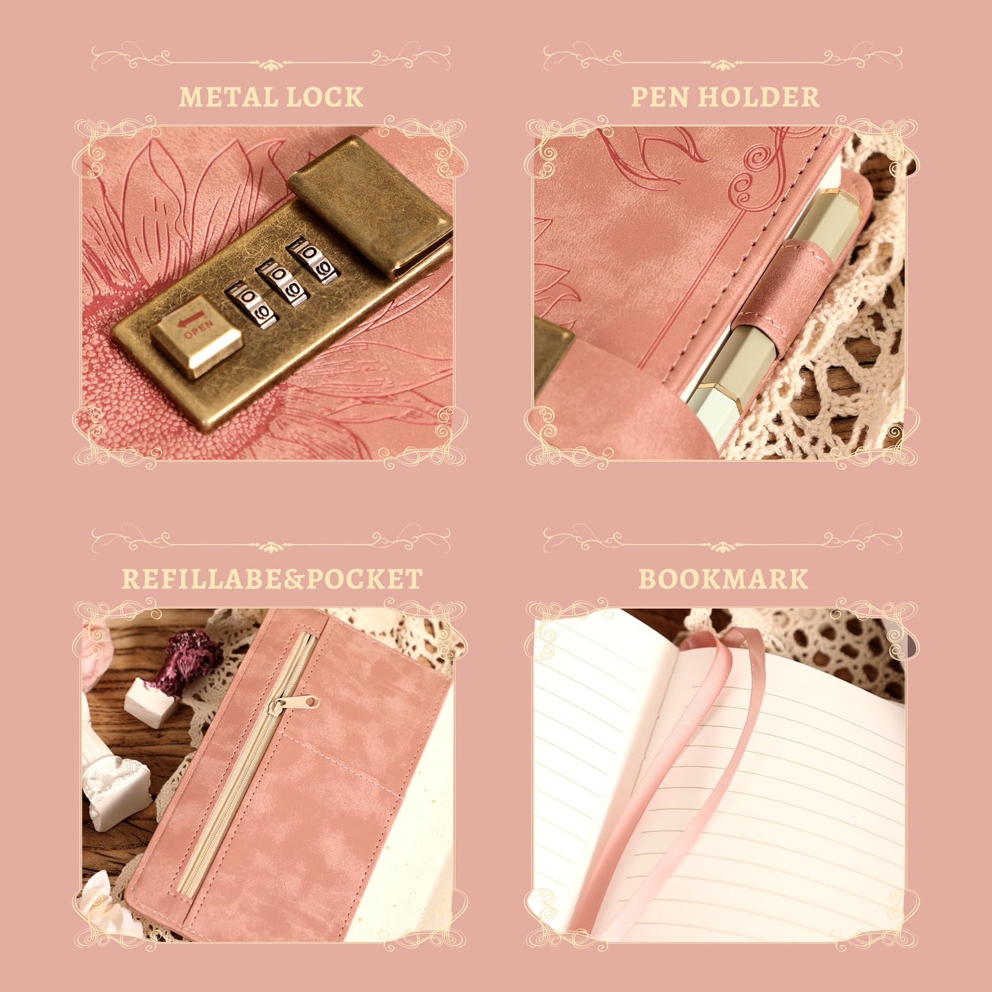 Lock Diary for Women Vintage Lock Journal Refillable Personal Locking Diary Leather Locking Journal Writing Notebook Girls B6 Secret Journal with Combination Passwords 5.5 x 7.8 in, Sunflower Pink